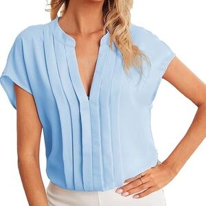 SHEIN Light Blue Women's Casual Notched V Neck Blouse